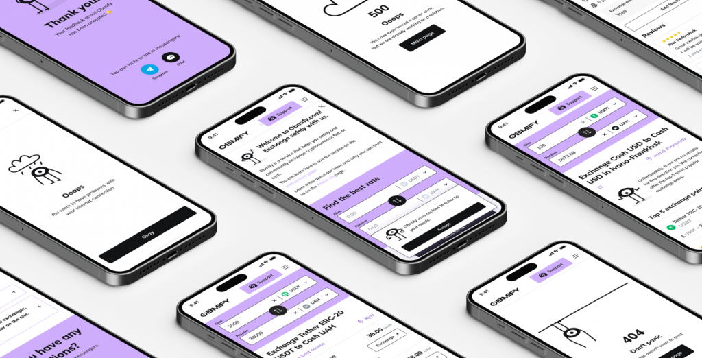 Obmify mobile screens in perspective: welcome and rate finder, exchange listings, 404, 500 and offline error states