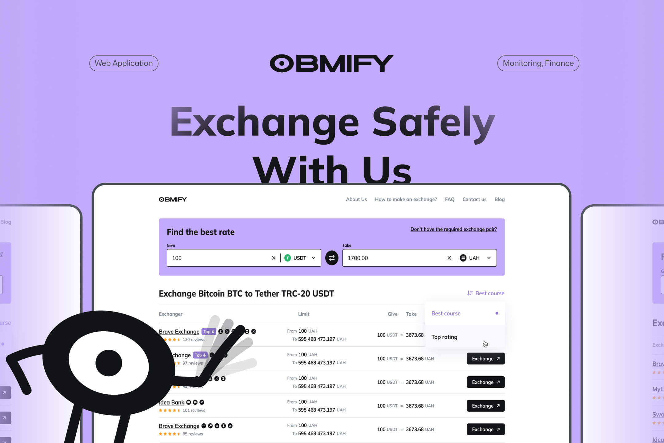 Obmify web page on lilac background: a USDT to UAH rate finder and exchanger list, with a waving eye mascot