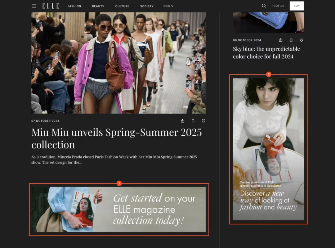 ELLE article page with two highlighted ad placements: a horizontal in-feed banner and a vertical sidebar banner