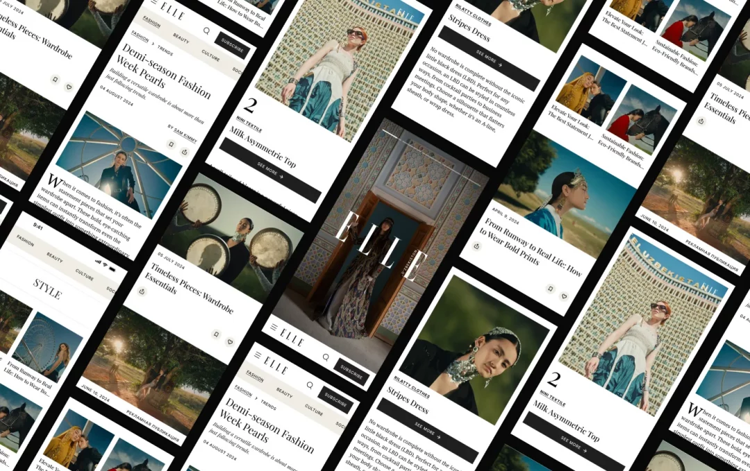 Collage of ELLE Uzbekistan mobile article pages with fashion editorials, headlines and See More buttons