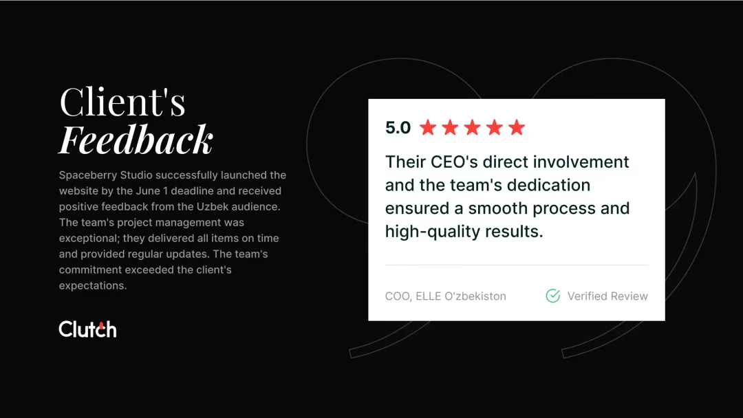 5.0-star verified Clutch review from ELLE Oʻzbekiston's COO praising the CEO's involvement and team dedication