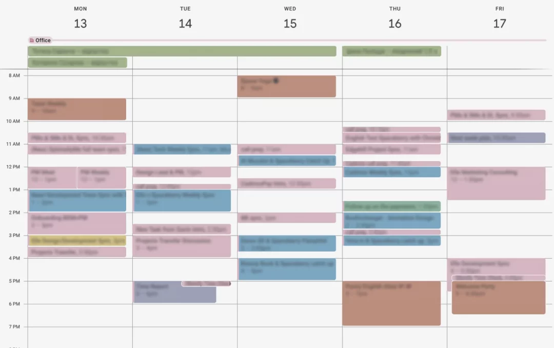 Weekly team calendar, Monday to Friday, filled with color-coded project syncs and meetings