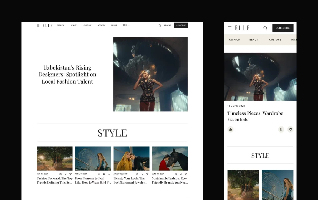 ELLE Uzbekistan home page on desktop and mobile, with a local designers feature and a Style section