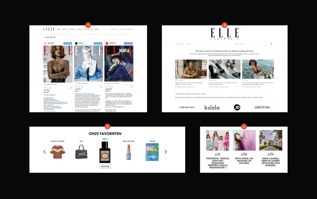 Four numbered examples from other ELLE editions: Instagram covers, vouchers, product favorites and magazine teasers
