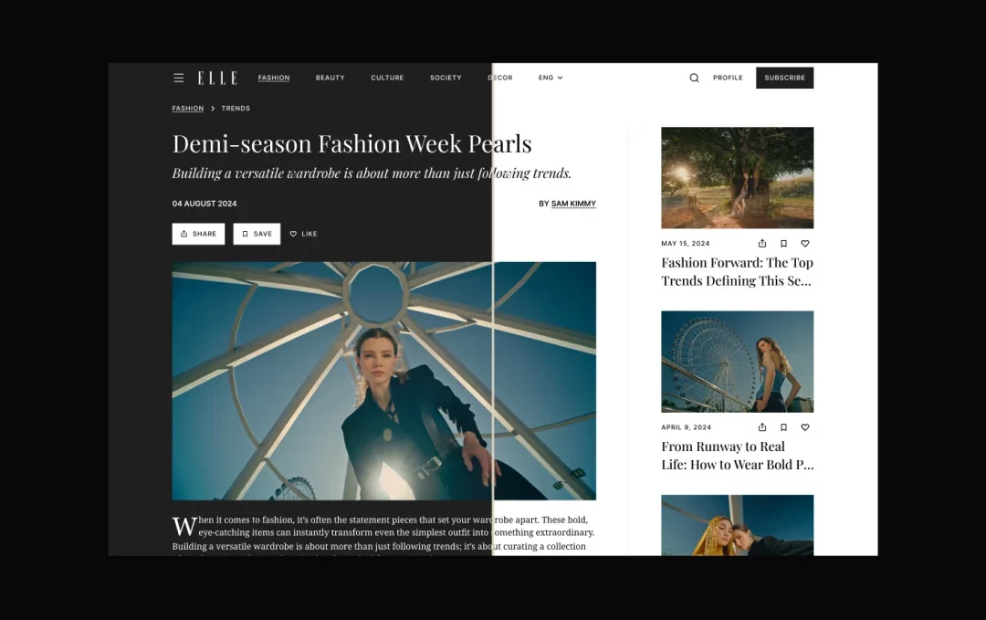ELLE Uzbekistan article page split between dark and light mode, with a fashion photo and related stories