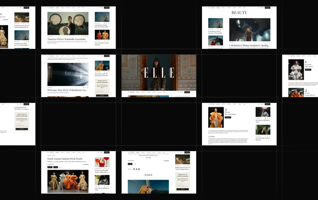 Overview grid of ELLE Uzbekistan desktop page designs, including home, Beauty, article and Related sections
