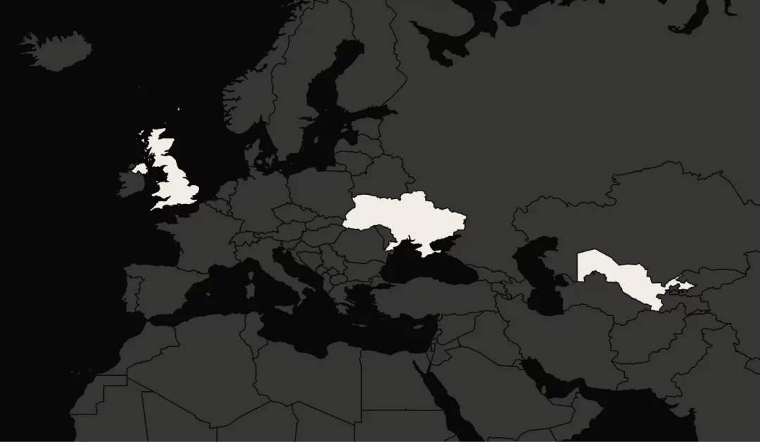 Map highlighting the United Kingdom, Ukraine and Uzbekistan, where the project teams were based