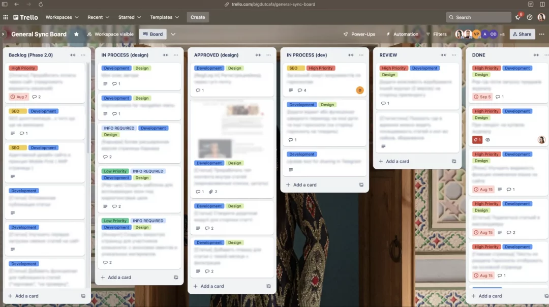 Trello Kanban board for the ELLE project with backlog, design, dev, review and done columns of labeled cards
