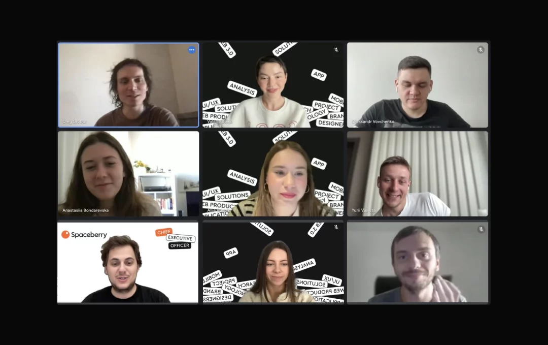 Video call grid with nine members of the ELLE Uzbekistan and Spaceberry teams