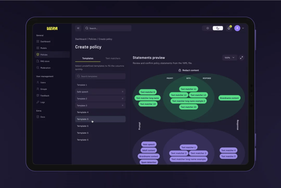 Vera Create policy screen with template list and a Venn-style preview of prompt and response rules