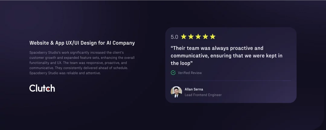 5.0-star verified Clutch review from Allan Serna, Lead Frontend Engineer, praising proactive communication