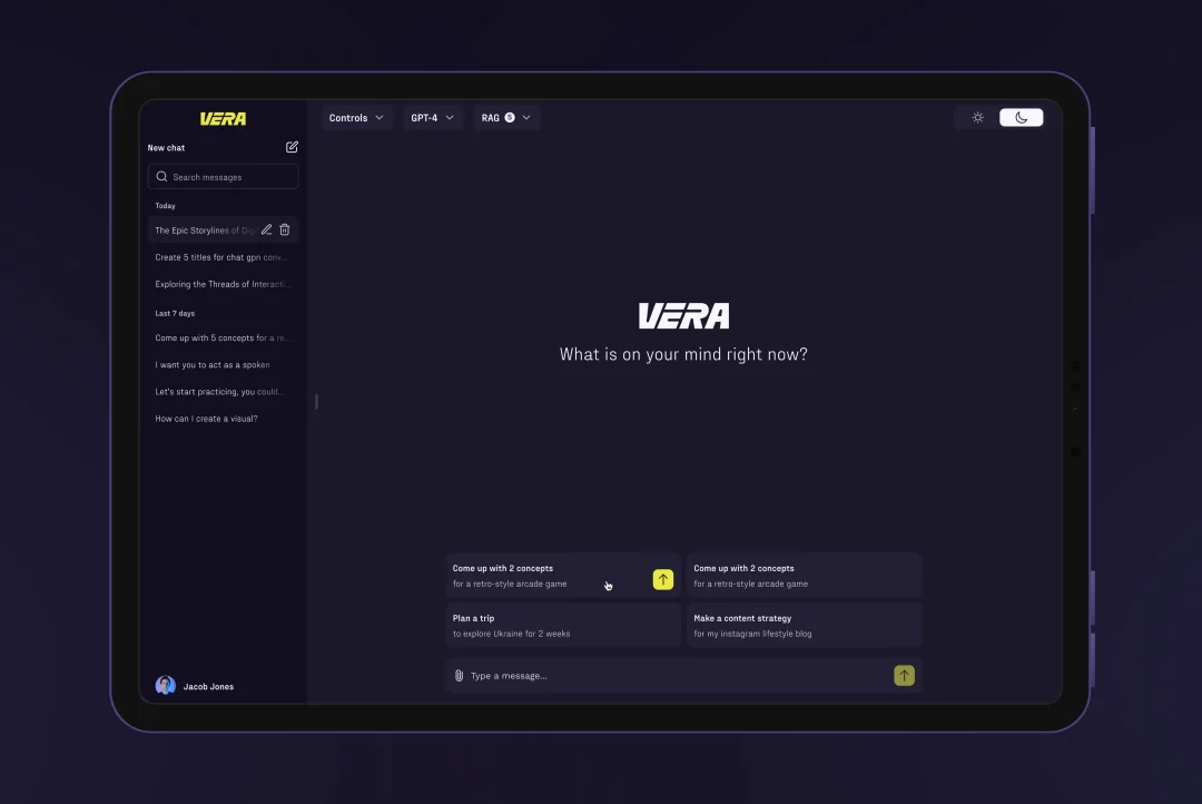 Vera AI chat start screen with chat history, model selector and suggested prompts