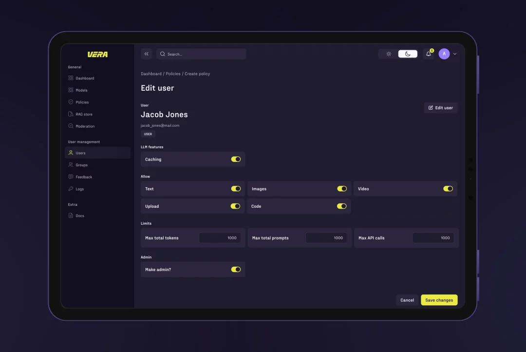 Vera admin panel Edit user screen with toggles for LLM features, allowed content types and usage limits