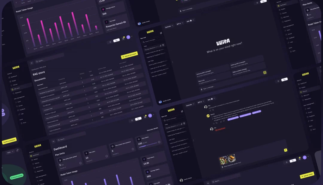 Collage of Vera AI platform screens: token usage dashboard, RAG document store and AI chat