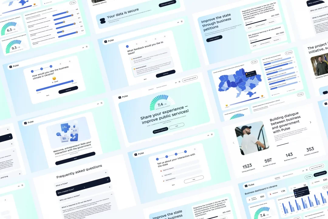 Collage of Pulse web screens: business climate rating, feedback survey steps, Ukraine regional map, FAQ and business dashboard
