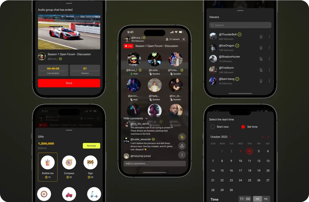 MetaMotors audio group chat screens: live room with host and speakers, comments, viewers list, gifts, and scheduling a start time