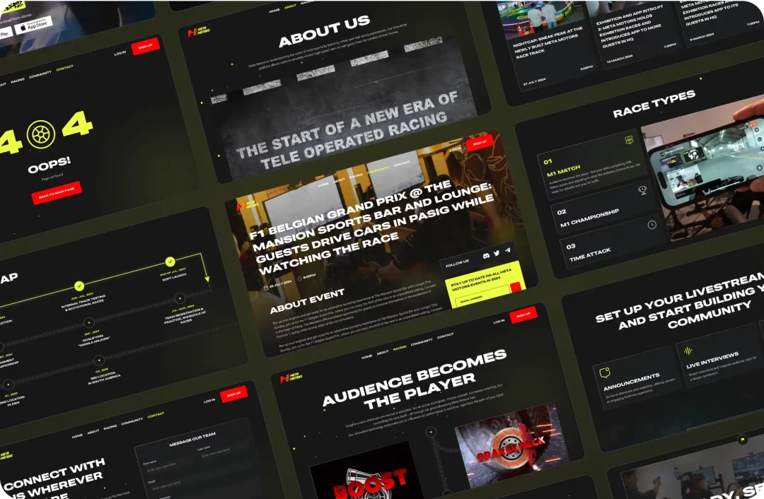 MetaMotors website pages: About Us, event article, race types, roadmap, 404 page, community livestream and contact form