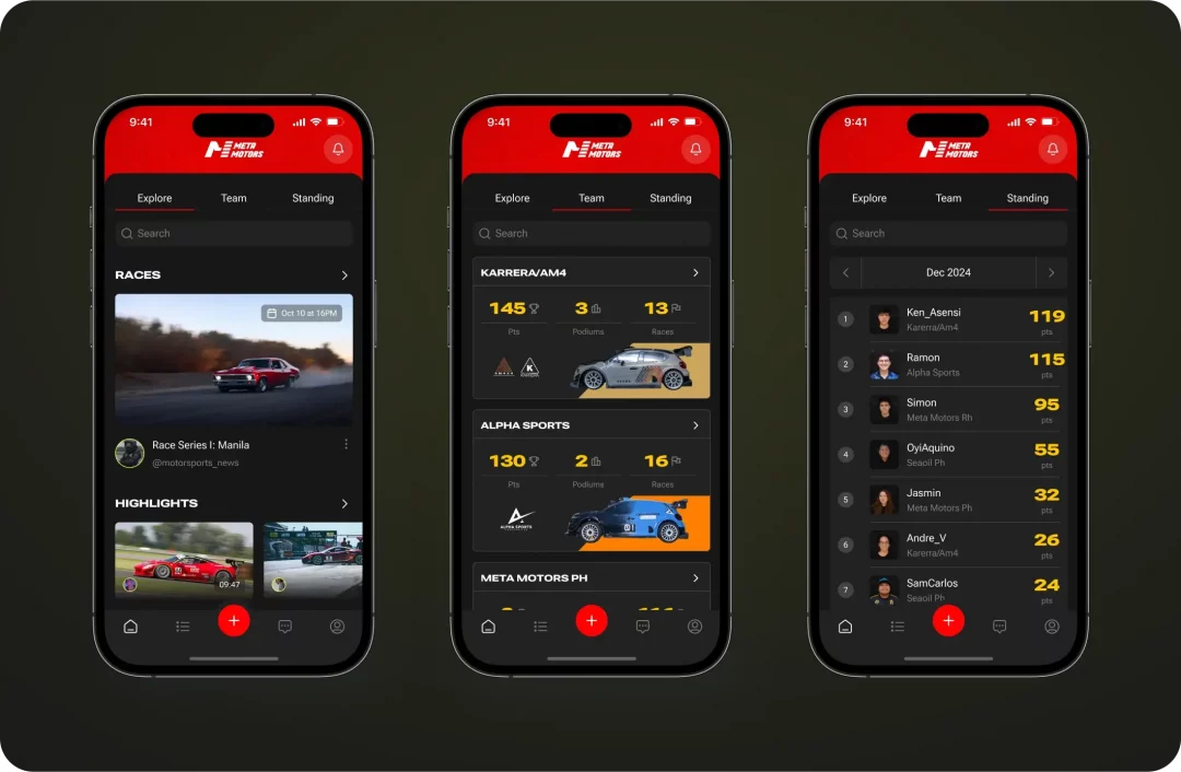 MetaMotors home screen tabs: Explore with races and highlights, Team cards with points and podiums, and the Standing leaderboard