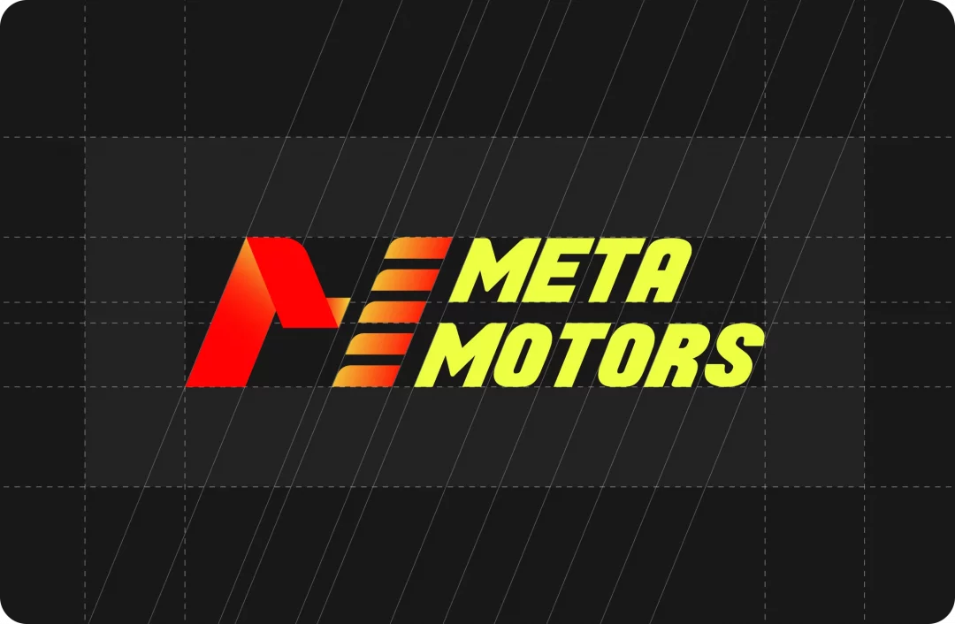 MetaMotors logo on a construction grid: a red-orange racetrack-shaped "M" beside yellow italic lettering