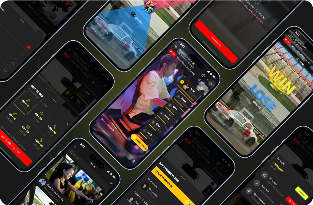 MetaMotors Live Show screens: multi-angle racing live-stream, win/lose predictions, coin purchases and gifts