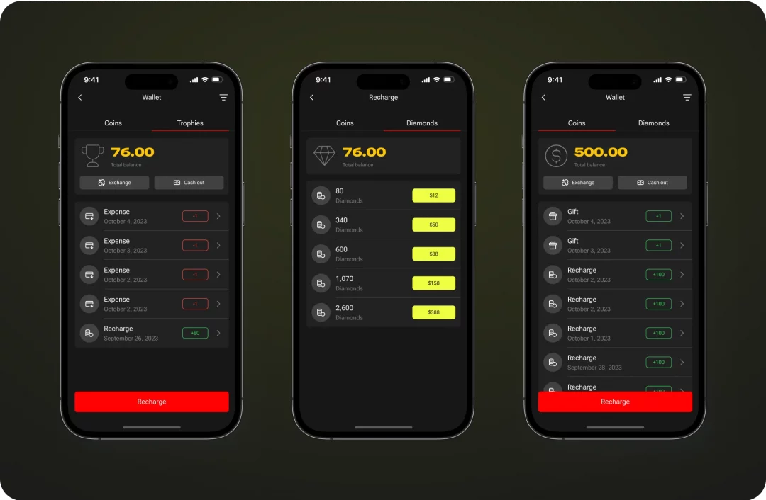 MetaMotors Wallet screens: trophies balance with transaction history, diamond recharge packages, and coins balance