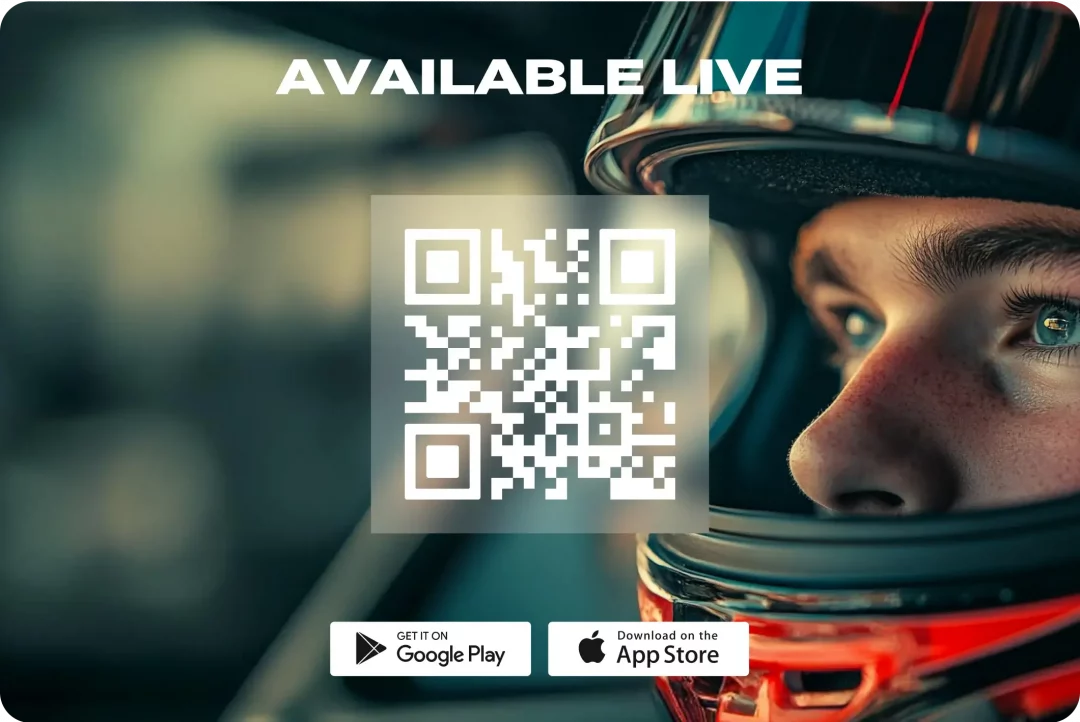 "Available Live" banner with a MetaMotors download QR code, Google Play and App Store badges over a racing driver in a helmet