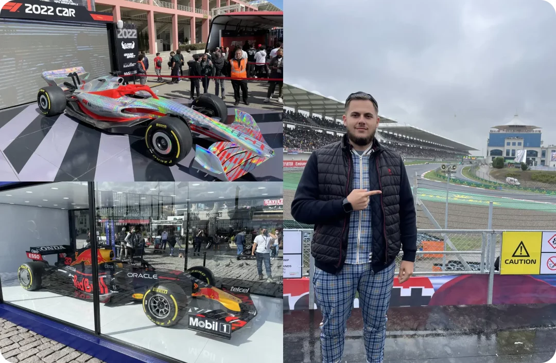 Photos from a Formula 1 weekend: a man trackside at the circuit, the 2022 F1 show car and a Red Bull Racing car on display