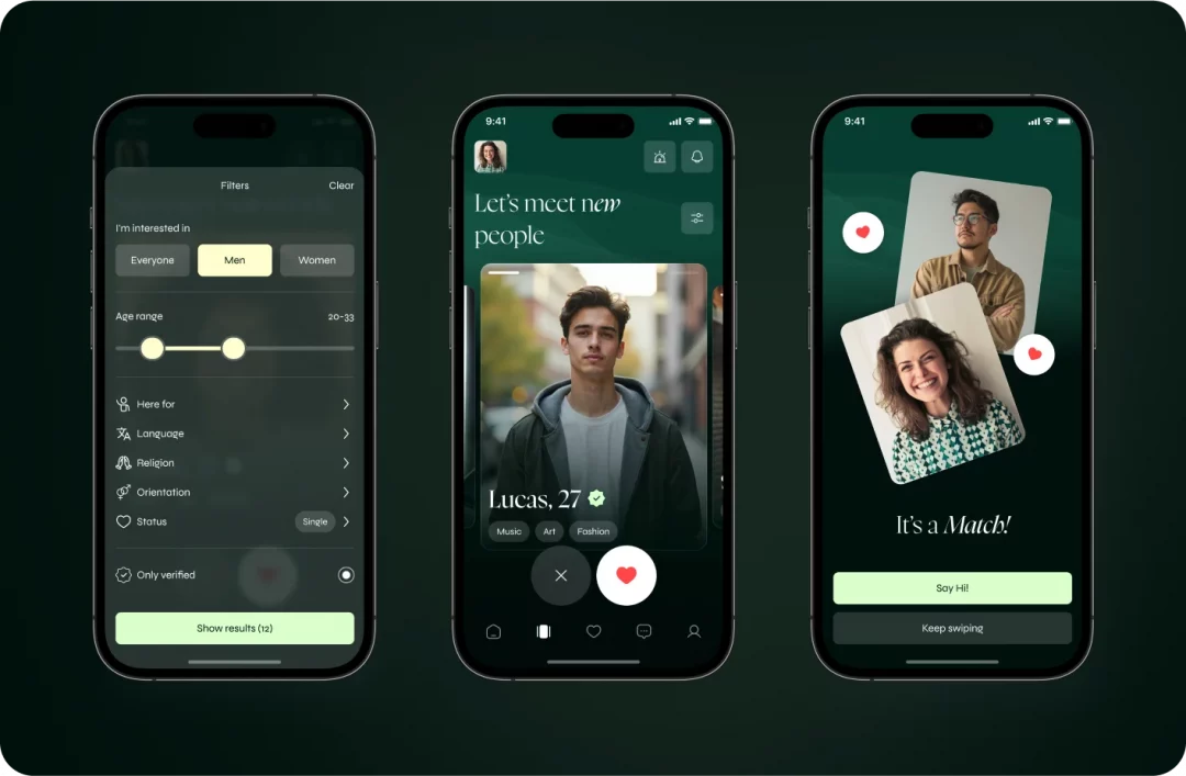 Crush matching flow: filters for age and interests, a swipeable profile card, and the 'It's a Match!' screen