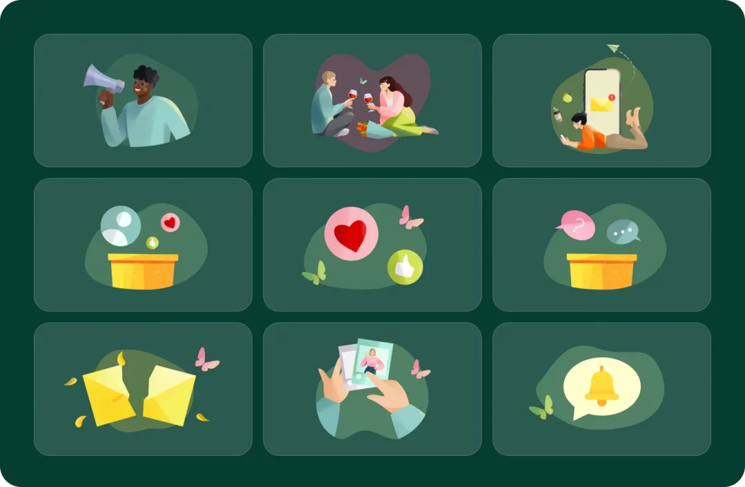Set of nine Crush illustrations: a couple toasting, a gift box with hearts, butterflies, a photo card and a notification bell