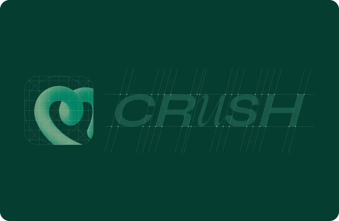 Crush logo construction: heart-shaped app icon and CRUSH wordmark drawn over a grid of guide lines