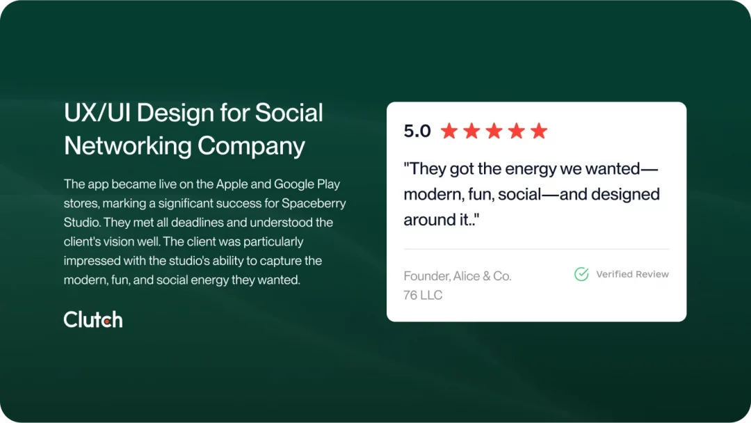 Clutch review card for Crush: 5.0 stars, verified review praising the app's modern, fun, social energy