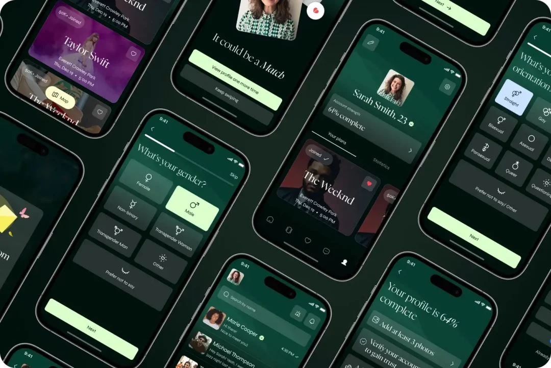 Collage of Crush dating app screens in dark green: gender and orientation pickers, event cards, match prompt, profile and chats