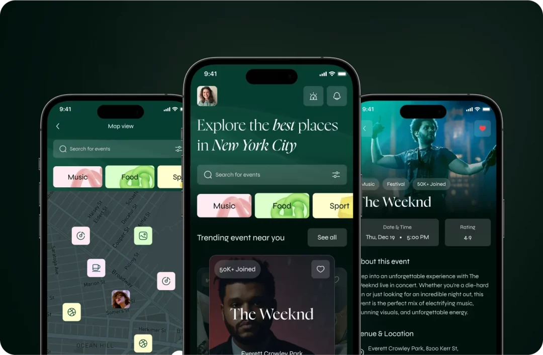 Crush event discovery: map view with venue pins, the New York City home feed, and a concert event detail page