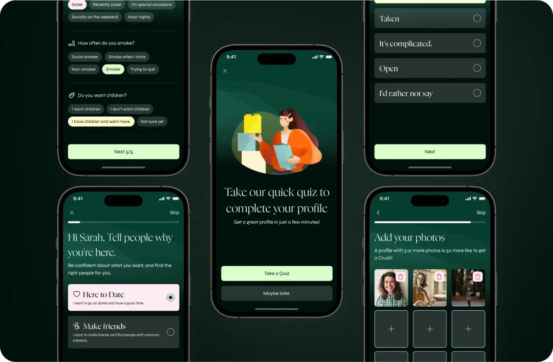 Crush onboarding screens: relationship goals, lifestyle questions, a profile quiz invitation and photo upload