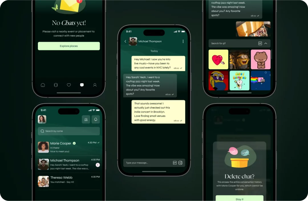 Crush chat screens: empty state, conversation list, a message thread, GIF picker and a delete-chat dialog