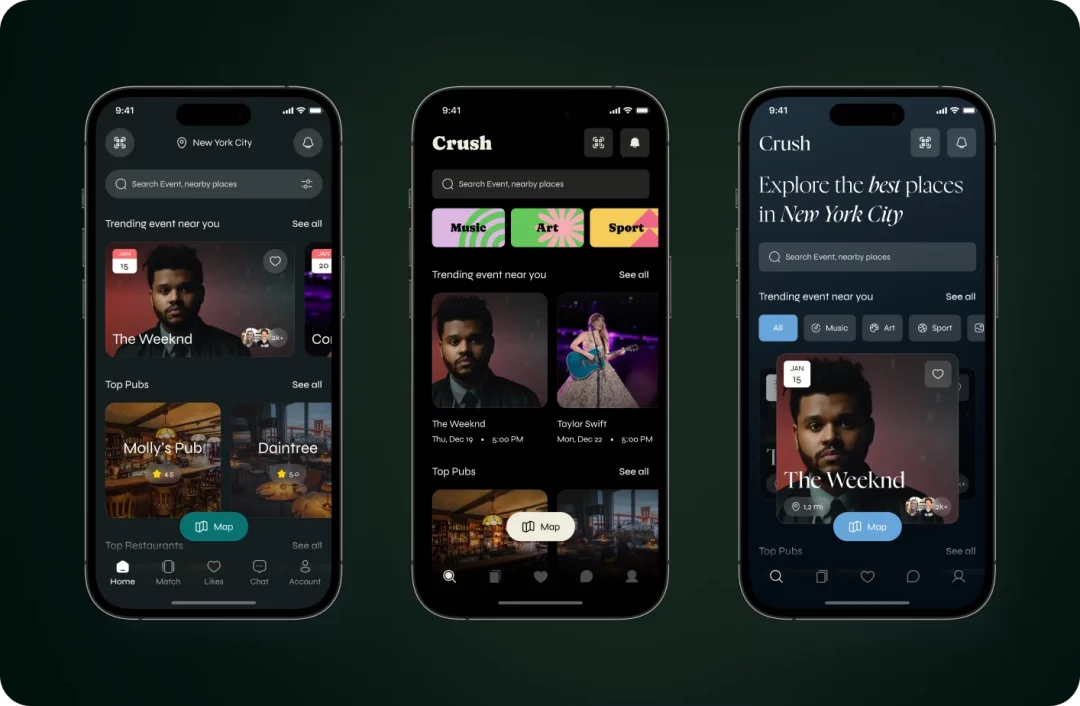 Three Crush home screen concepts: event feed, bold category tiles, and an 'Explore the best places in New York City' layout