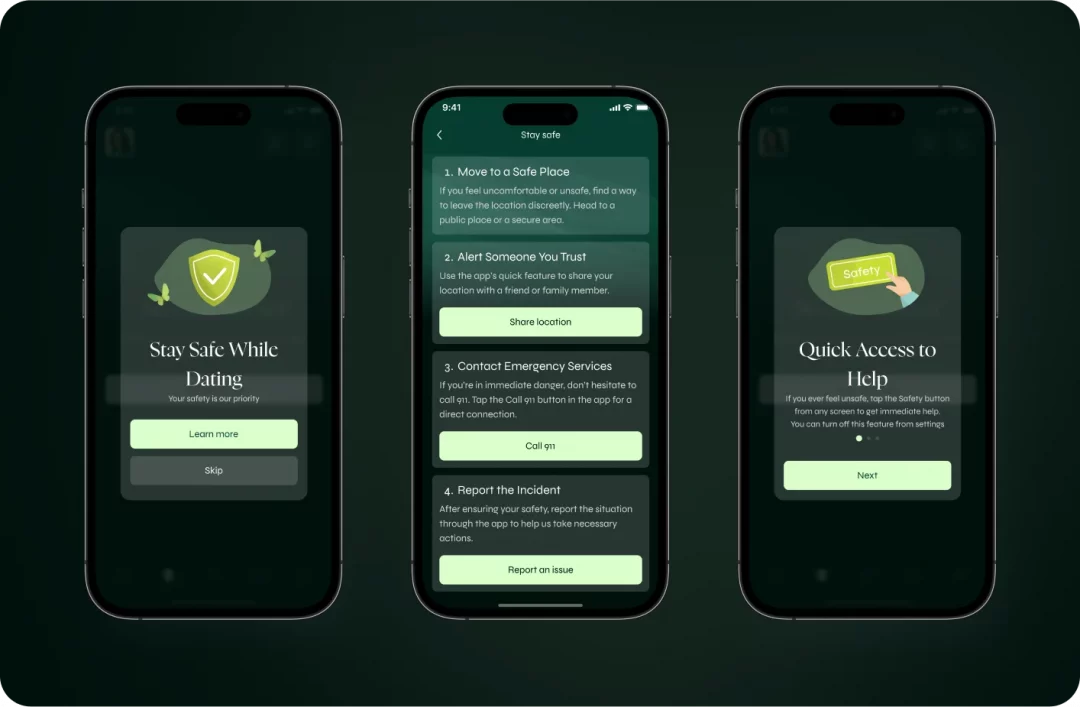 Crush safety feature: 'Stay Safe While Dating' intro, step-by-step Stay safe guide with Call 911, and quick-help prompt