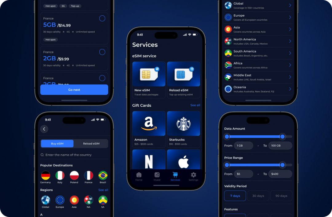 CadmosPay Services screens: eSIM purchase by country and region, data plan filters, and Amazon and Starbucks gift cards