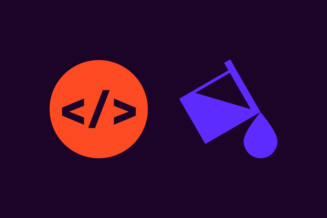 Orange code-brackets icon beside a purple paint bucket pouring a drop, on dark plum