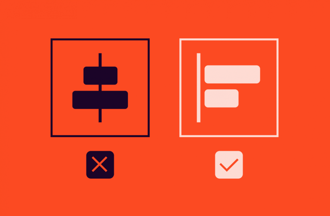 Two layout icons on orange: centred blocks marked with a cross, left-aligned blocks marked with a tick