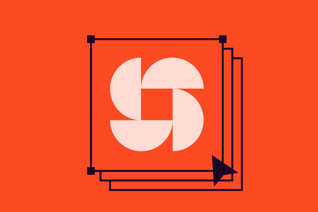 Stacked artboards with a pale pinwheel-like S shape and a cursor, on orange