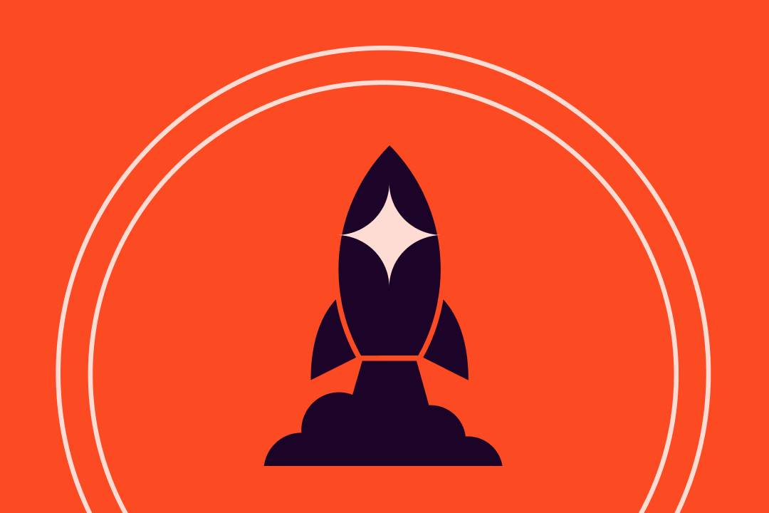 Dark rocket lifting off from a cloud inside two rings, on orange