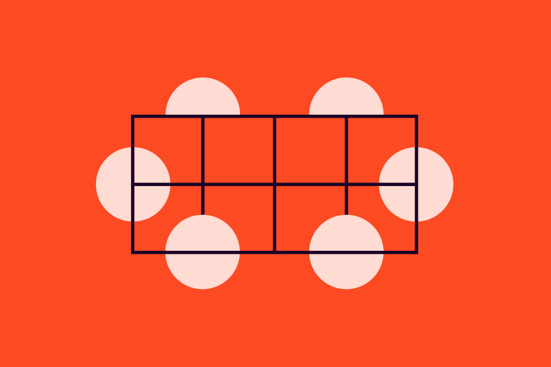 Outlined table with pale circles set around it like seats, on orange