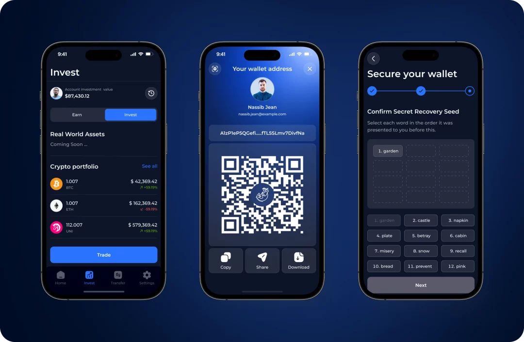 CadmosPay dark-mode screens: Invest portfolio with crypto assets, wallet address QR code, and secret recovery seed confirmation