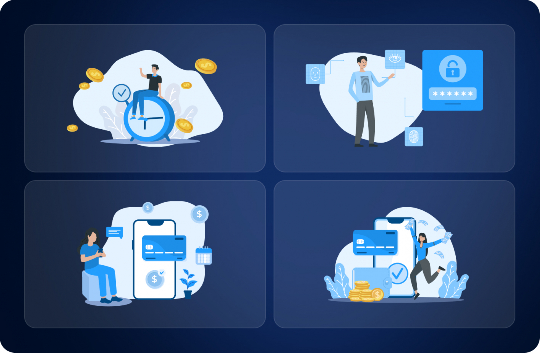 Four blue-toned custom illustrations for CadmosPay: time and money, biometric security, card payments, and a successful transfer