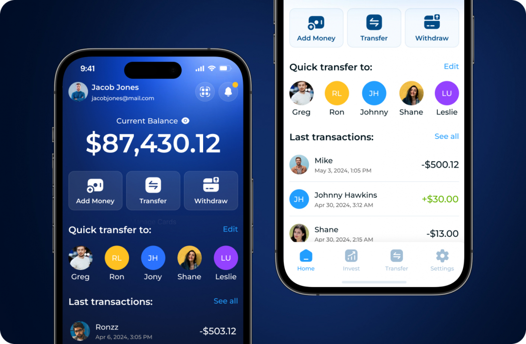 CadmosPay home screen in dark and light themes, showing current balance, quick transfer contacts and last transactions