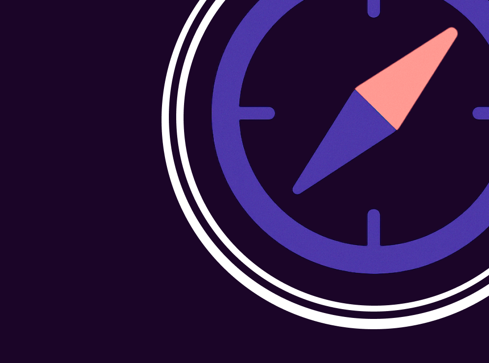 Navigation UX: 8 Fixes to Improve App Findability Large purple compass icon with a pink and purple needle, ringed in white, on a dark plum background