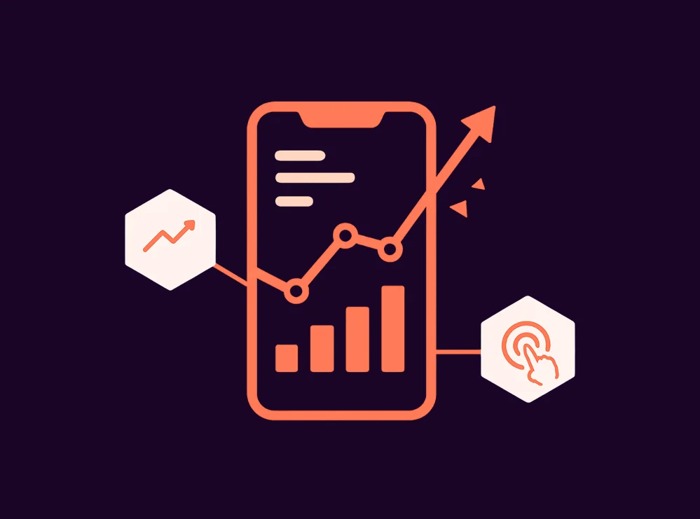 Mobile Dashboard UI Design: 4 Best Practices for Clarity Outlined smartphone with a bar chart and rising line graph, flanked by trend and tap icons in hexagons