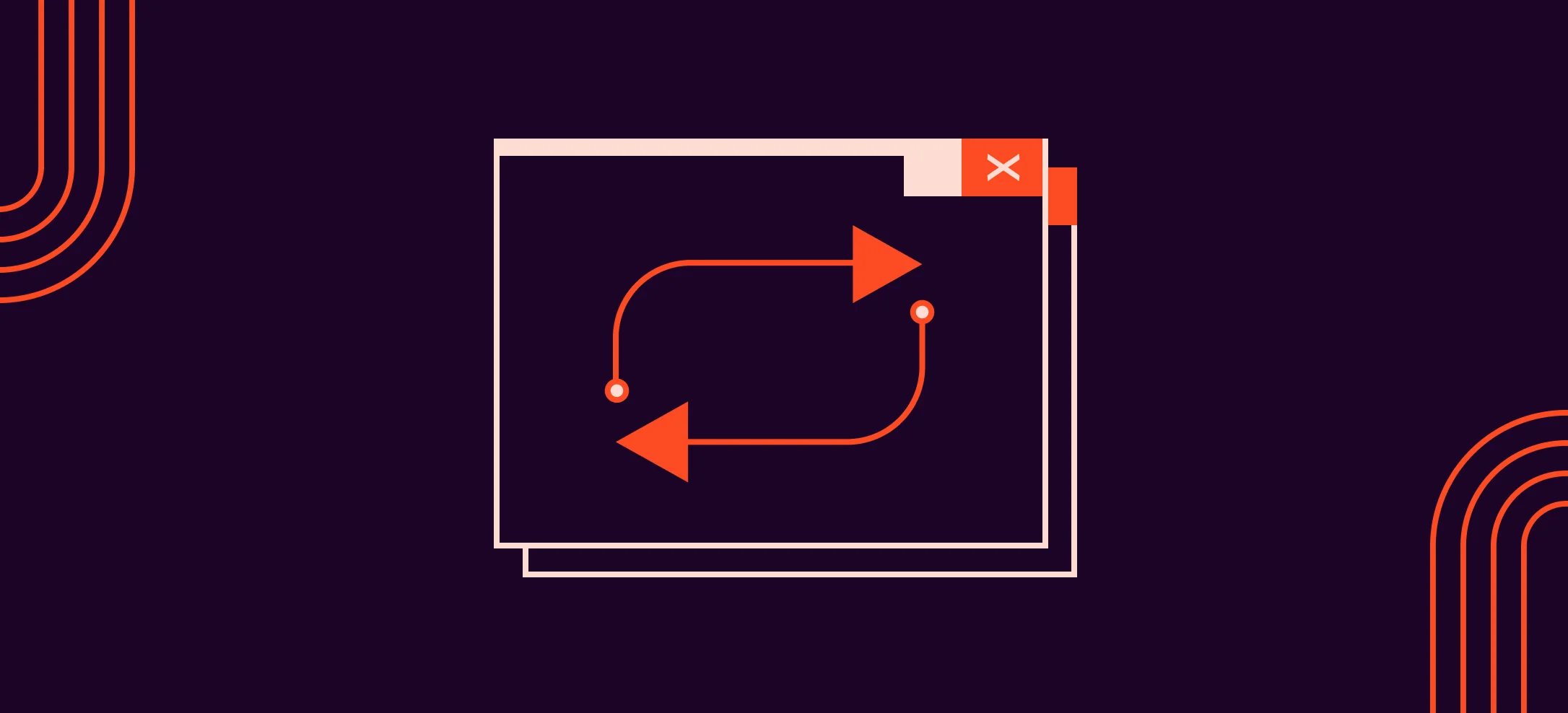 Outlined app window with a close button and two orange looping arrows forming a cycle, on dark plum