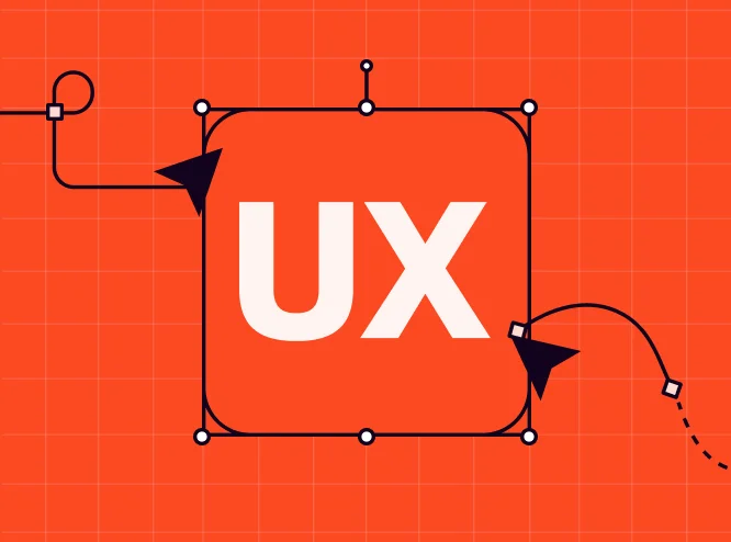 iPhone App Design Essentials: Clarity, Depth and Trust in the Liquid Glass Era Rounded app-icon square reading UX in a selection box with handles and cursors, on an orange grid